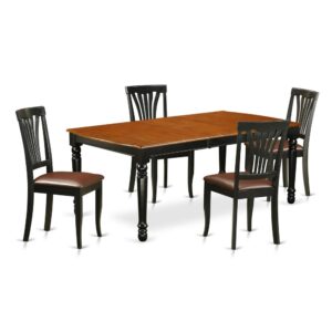 Awe your dinner and party guests with this kitchen table set that has 4 chairs with faux leather seats. It is completed with a leveled table top. The dining table can fit a maximum of 8 people in a dining area. The dining set boasts a two-toned Black & Cherry color that comes across as an effective additional color to your dining space given its attractive color on the seats. The table's 4 straight leg support brings a simple and breezy style to any space