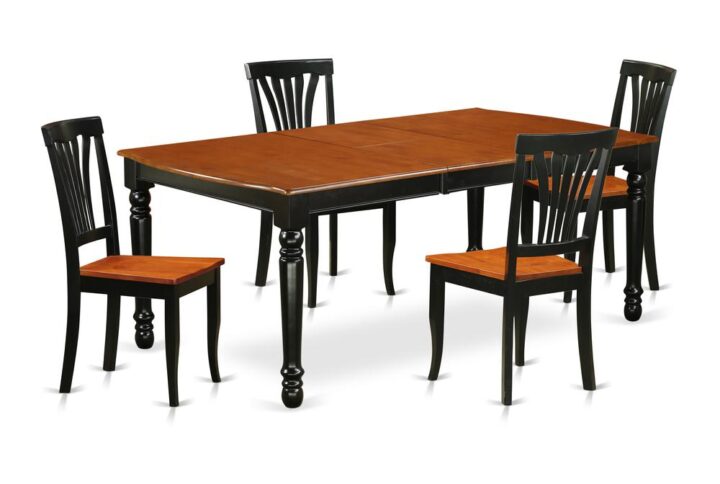 Furnish your kitchen or dining room with this kitchen table set that has 4 chairs with wood seats. It is completed with a leveled table top. The dining table can fit a maximum of 8 people in a dining area. The dining set boasts a two-toned Black & Cherry color that comes across as an effective additional color to your dining space given its attractive color on the seats. The table's 4 straight leg support brings a simple and breezy style to any space