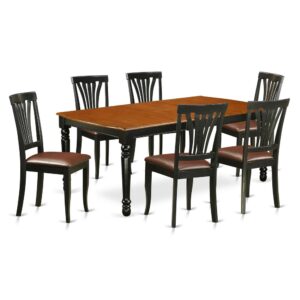 Furnish your kitchen or dining room with this kitchen table set that has 6 chairs with faux leather seats. It is completed with a leveled table top. The dining table can fit a maximum of 8 people in a dining area. The dining set boasts a two-toned Black & Cherry color that comes across as an effective additional color to your dining space given its attractive color on the seats. The table's 4 straight leg support brings a simple and breezy style to any space