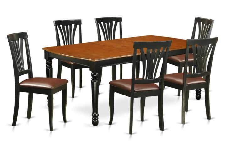 Furnish your kitchen or dining room with this kitchen table set that has 6 chairs with faux leather seats. It is completed with a leveled table top. The dining table can fit a maximum of 8 people in a dining area. The dining set boasts a two-toned Black & Cherry color that comes across as an effective additional color to your dining space given its attractive color on the seats. The table's 4 straight leg support brings a simple and breezy style to any space