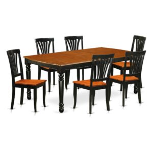 Furnish your kitchen or dining room with this kitchen table set that has 6 chairs with wood seats. It is completed with a leveled table top. The dining table can fit a maximum of 8 people in a dining area. The dining set boasts a two-toned Black & Cherry color that comes across as an effective additional color to your dining space given its attractive color on the seats. The table's 4 straight leg support brings a simple and breezy style to any space