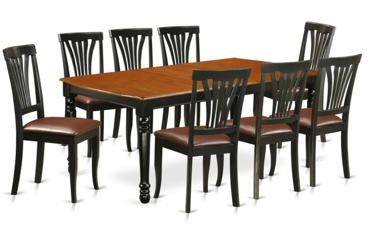 This kitchen table set has 8 chairs with faux leather seats. It is completed with a leveled table top. The dining table can fit a maximum of 8 people in a dining area. The dining set boasts a two-toned Black & Cherry color that comes across as an effective additional color to your dining space given its attractive color on the seats. The table's 4 straight leg support brings a simple and breezy style to any space