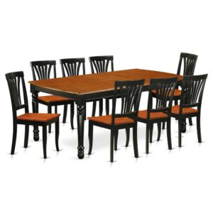 This kitchen table set has 8 chairs with wood seats. It is completed with a leveled table top. The dining table can fit a maximum of 8 people in a dining area. The dining set boasts a two-toned Black & Cherry color that comes across as an effective additional color to your dining space given its attractive color on the seats. The table's 4 straight leg support brings a simple and breezy style to any space