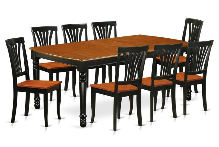This kitchen table set has 8 chairs with wood seats. It is completed with a leveled table top. The dining table can fit a maximum of 8 people in a dining area. The dining set boasts a two-toned Black & Cherry color that comes across as an effective additional color to your dining space given its attractive color on the seats. The table's 4 straight leg support brings a simple and breezy style to any space