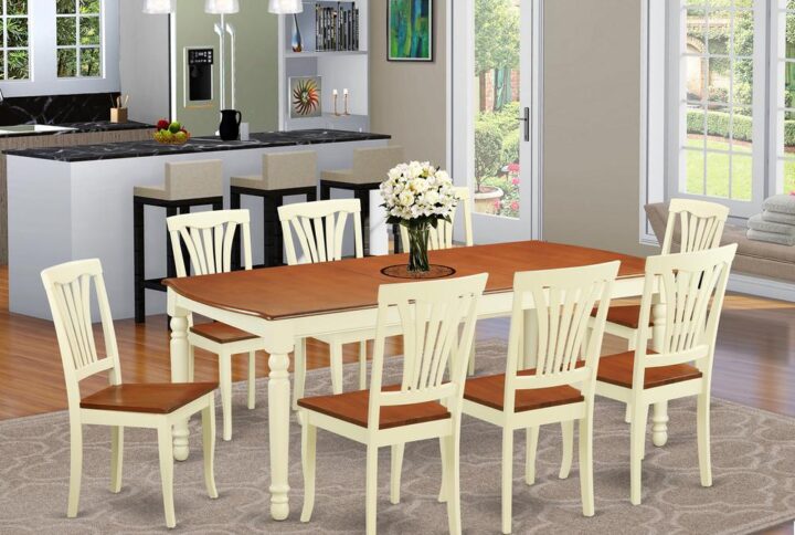 Beautiful dining table with set of 8 comfortable dinette chairs which could be positioned in your dining-room and kitchen. Both