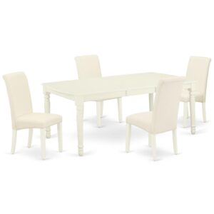 Quality is made attainable with this exclusive DOBA5-LWH-01 dinette set includes a rectangular dinette table and four parson chairs. The dining table can fit maximum of 8 people in the dining area. The table's 4 straight leg support brings a simple and breezy style to any space