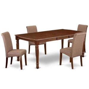 Furnish your kitchen or dining room with this DOBA5-MAH-18 Mahogany finish kitchen table and 4 parson chairs set. It is completed with a leveled table top. The dining table can fit a maximum of 8 people in a dining area. The table's 4 straight leg support brings a simple and tidy style to any space