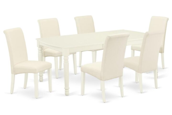 Quality is made attainable with this exclusive DOBA7-LWH-01 dinette set includes a rectangular dinette table and six parson chairs. The dining table can fit maximum of 8 people in the dining area. The table's 4 straight leg support brings a simple and breezy style to any space