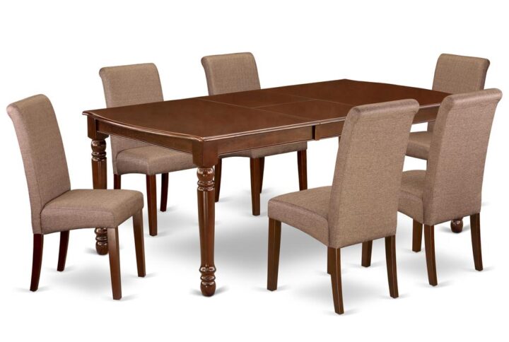 Furnish your kitchen or dining room with this DOBA7-MAH-18 Mahogany finish kitchen table and 6 parson chairs set. It is completed with a leveled table top. The dining table can fit a maximum of 8 people in a dining area. The table's 4 straight leg support brings a simple and tidy style to any space