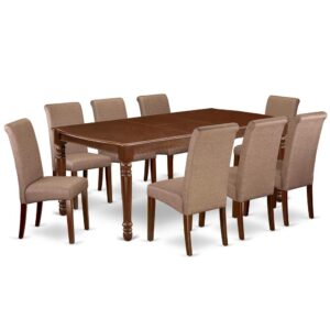 Furnish your kitchen or dining room with this DOBA9-MAH-18 Mahogany finish kitchen table and 8 parson chairs set. It is completed with a leveled table top. The dining table can fit a maximum of 8 people easily in a dining area. The table's 4 straight leg support brings a simple and tidy style to any space