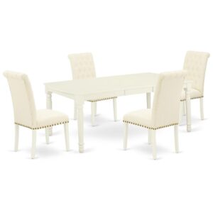 Quality is made attainable with this exclusive DOBR5-LWH-02 dinette set includes a rectangular dinette table and four parson chairs. The dining table can fit maximum of 8 people in the dining area. The table's 4 straight leg support brings a simple and breezy style to any space