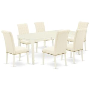 Quality is made attainable with this exclusive DOBR7-LWH-02 dinette set includes a rectangular dinette table and six parson chairs. The dining table can fit maximum of 8 people in the dining area. The table's 4 straight leg support brings a simple and breezy style to any space