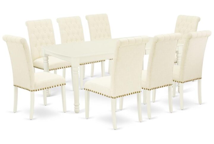 Quality is made attainable with this exclusive DOBR9-LWH-02 dining set includes a rectangular dinette table and eight parson chairs. The dining table can fit maximum of 8 people in the dining area. The table's 4 straight leg support brings a simple and breezy style to any space