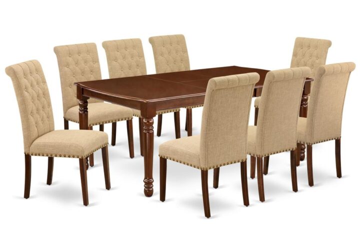 Quality is made attainable with this exclusive DOBR9-MAH-04 dining set includes a rectangular dinette table and eight parson chairs. The dining table can fit maximum of 8 people in the dining area. The table's 4 straight leg support brings a simple and breezy style to any space