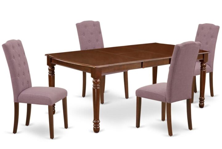 Quality is made attainable with this exclusive DOCE5-MAH-10 dinette set includes a rectangular dinette table and four parson chairs. The dining table can fit maximum of 8 people in the dining area. The table's 4 straight leg support brings a simple and breezy style to any space