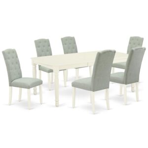 Quality is made attainable with this exclusive DOCE7-LWH-15 dinette set includes a rectangular dinette table and six parson chairs. The dining table can fit maximum of 8 people in the dining area. The table's 4 straight leg support brings a simple and breezy style to any space