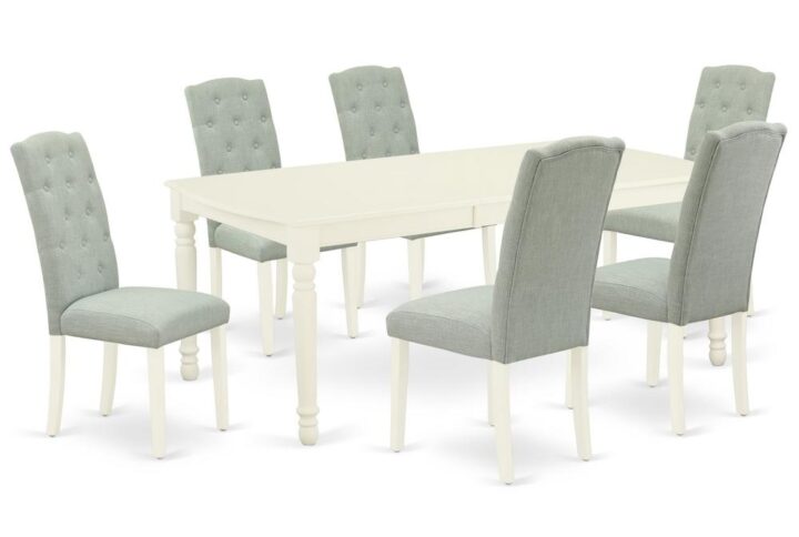 Quality is made attainable with this exclusive DOCE7-LWH-15 dinette set includes a rectangular dinette table and six parson chairs. The dining table can fit maximum of 8 people in the dining area. The table's 4 straight leg support brings a simple and breezy style to any space