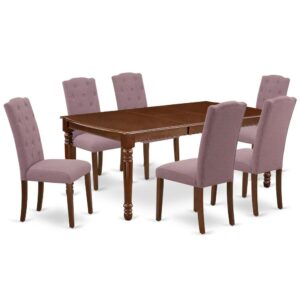 Quality is made attainable with this exclusive DOCE7-MAH-10 dinette set includes a rectangular dinette table and six parson chairs. The dining table can fit maximum of 8 people in the dining area. The table's 4 straight leg support brings a simple and breezy style to any space