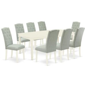 Quality is made attainable with this exclusive DOCE9-LWH-15 dining set includes a rectangular dinette table and eight parson chairs. The dining table can fit maximum of 8 people in the dining area. The table's 4 straight leg support brings a simple and breezy style to any space