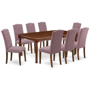 Quality is made attainable with this exclusive DOCE9-MAH-10 dining set includes a rectangular dinette table and eight parson chairs. The dining table can fit maximum of 8 people in the dining area. The table's 4 straight leg support brings a simple and breezy style to any space