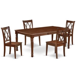 Quality is made attainable with this exclusive DOCL5-MAH-C dinette set includes a rectangular dinette table and four kitchen chairs. The dining table can fit maximum of 8 people in the dining area. The table's 4 straight leg support brings a simple and breezy style to any space