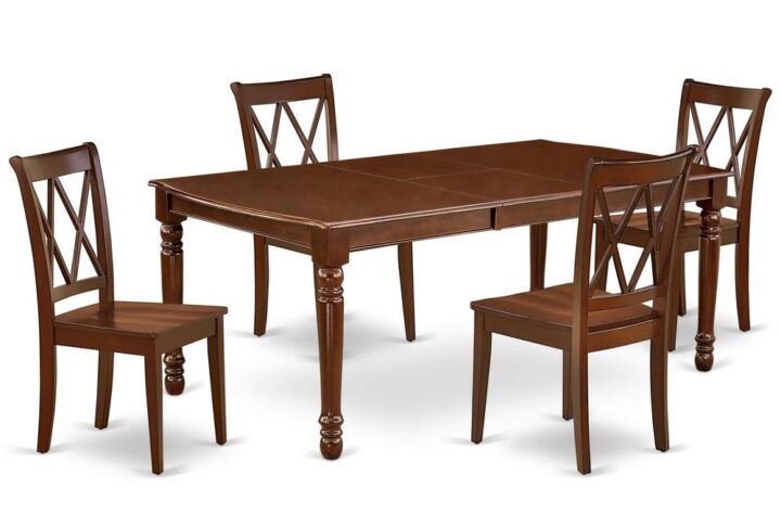 Quality is made attainable with this exclusive DOCL5-MAH-C dinette set includes a rectangular dinette table and four kitchen chairs. The dining table can fit maximum of 8 people in the dining area. The table's 4 straight leg support brings a simple and breezy style to any space