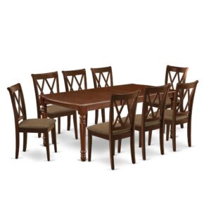 Quality is made attainable with this exclusive DOCL9-MAH-C dining set includes a rectangular dinette table and eight dining chairs. The dining table can fit maximum of 8 people in the dining area. The table's 4 straight leg support brings a simple and breezy style to any space