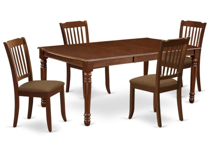 Quality is made attainable with this exclusive DODA5-MAH-C dinette set includes a rectangular dinette table and four kitchen chairs. The dining table can fit maximum of 8 people in the dining area. The table's 4 straight leg support brings a simple and breezy style to any space