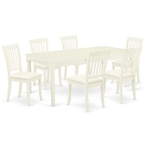 Quality is made attainable with this exclusive DODA7-LWH-C dinette set includes a rectangular dinette table and six kitchen chairs. The dining table can fit maximum of 8 people in the dining area. The table's 4 straight leg support brings a simple and breezy style to any space