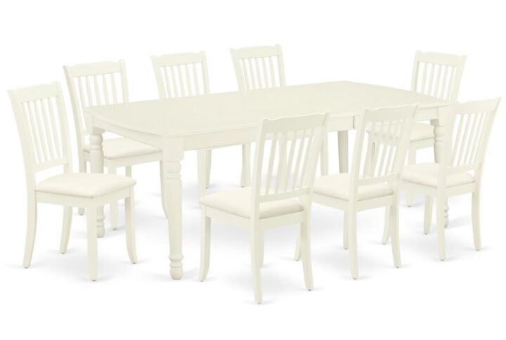 Quality is made attainable with this exclusive DODA9-LWH-C dining set includes a rectangular dinette table and eight dining chairs. The dining table can fit maximum of 8 people in the dining area. The table's 4 straight leg support brings a simple and breezy style to any space