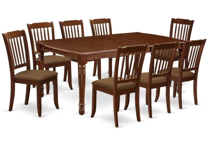 Quality is made attainable with this exclusive DODA9-MAH-C dining set includes a rectangular dinette table and eight dining chairs. The dining table can fit maximum of 8 people in the dining area. The table's 4 straight leg support brings a simple and breezy style to any space