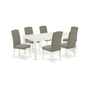 The DOEN7-LWH-06 dining set facilitates an affectionate family feeling. A comfortable and luxurious Linen White color offers any dining area a relaxing and friendly feel with the rectangular kitchen table. This well-designed and comfortable dining table may be used for hours at a time. This wonderful slick Linen White dinette table makes a really good addition for all kitchen space and corresponds all sorts of dining-room concepts. The dinette table is created from prime quality rubber wood known as Asian Hardwood. This simple but charming Parson chair will add ambiance and style to your dining-room. Give your home a pop of chic style with this must-have Parsons chair. A contemporary twist on a classic design