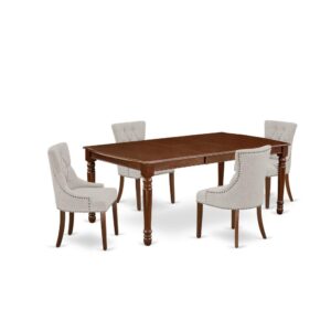 Quality is made attainable with this exclusive DOFR5-MAH-05 dinette set includes a rectangular dinette table and four parson chairs. The dining table can fit maximum of 8 people in the dining area. The table's 4 straight leg support brings a simple and breezy style to any space