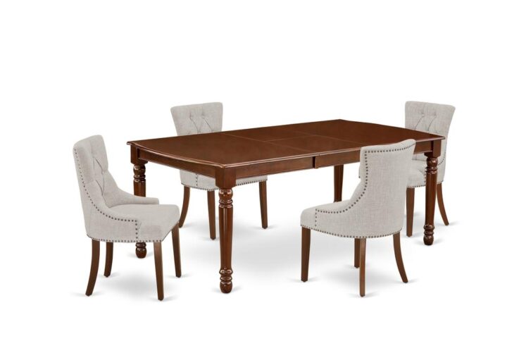 Quality is made attainable with this exclusive DOFR5-MAH-05 dinette set includes a rectangular dinette table and four parson chairs. The dining table can fit maximum of 8 people in the dining area. The table's 4 straight leg support brings a simple and breezy style to any space