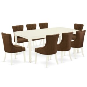 Quality is made attainable with this exclusive DOFR9-LWH-18 dining set includes a rectangular dinette table and eight parson chairs. The dining table can fit maximum of 8 people in the dining area. The table's 4 straight leg support brings a simple and breezy style to any space
