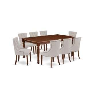 Quality is made attainable with this exclusive DOFR9-MAH-05 dining set includes a rectangular dinette table and eight parson chairs. The dining table can fit maximum of 8 people in the dining area. The table's 4 straight leg support brings a simple and breezy style to any space