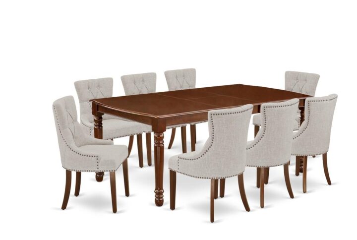 Quality is made attainable with this exclusive DOFR9-MAH-05 dining set includes a rectangular dinette table and eight parson chairs. The dining table can fit maximum of 8 people in the dining area. The table's 4 straight leg support brings a simple and breezy style to any space