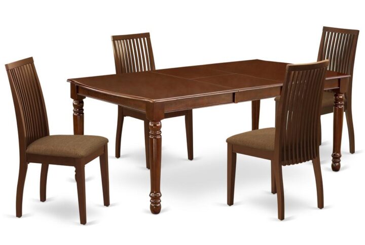 Quality is made attainable with this exclusive DOIP5-MAH-C dinette set includes a rectangular dinette table and four kitchen chairs. The dining table can fit maximum of 8 people in the dining area. The table's 4 straight leg support brings a simple and breezy style to any space