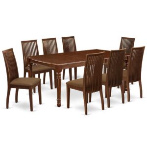Quality is made attainable with this exclusive DOIP9-MAH-C dining set includes a rectangular dinette table and eight dining chairs. The dining table can fit maximum of 8 people in the dining area. The table's 4 straight leg support brings a simple and breezy style to any space