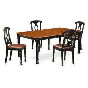 Quality is made attainable with this kitchen table set that has 4 chairs with faux leather seats. It is completed with a leveled table top. The dining table can fit a maximum of 8 people in a dining area. The dining set boasts a two-toned Black & Cherry color that comes across as an effective additional color to your dining space given its attractive color on the seats. The table's 4 straight leg support brings a simple and breezy style to any space