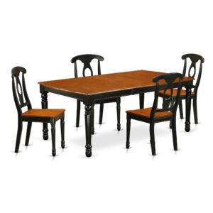 Quality is made attainable with this kitchen table set that has 4 chairs with solid wood seats. It is completed with a leveled table top. The dining table can fit a maximum of 8 people in a dining area. The dining set boasts a two-toned Black & Cherry color that comes across as an effective additional color to your dining space given its attractive color on the seats. The table's 4 straight leg support brings a simple and breezy style to any space