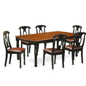 Quality is made attainable with this kitchen table set that has 6 chairs with faux leather seats. It is completed with a leveled table top. The dining table can fit a maximum of 8 people in a dining area. The dining set boasts a two-toned Black & Cherry color that comes across as an effective additional color to your dining space given its attractive color on the seats. The table's 4 straight leg support brings a simple and breezy style to any space