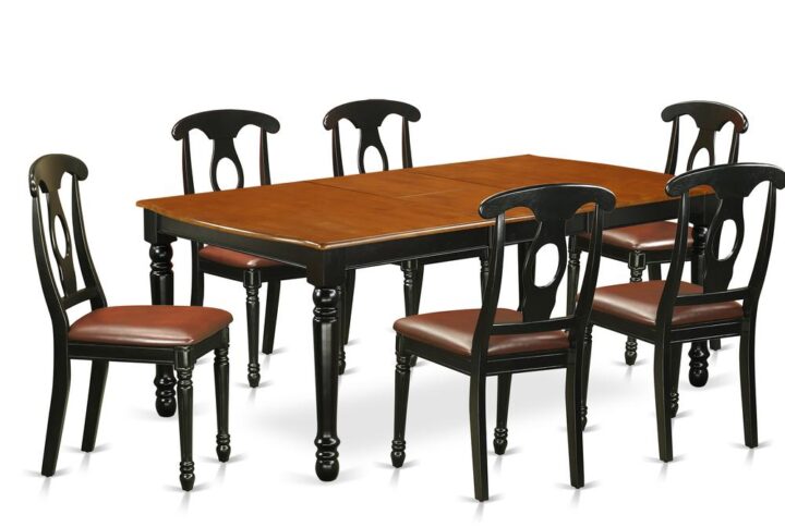 Quality is made attainable with this kitchen table set that has 6 chairs with faux leather seats. It is completed with a leveled table top. The dining table can fit a maximum of 8 people in a dining area. The dining set boasts a two-toned Black & Cherry color that comes across as an effective additional color to your dining space given its attractive color on the seats. The table's 4 straight leg support brings a simple and breezy style to any space