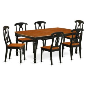 Style is made obtainable with this kitchen table set has 6 chairs with solid wood seats. It is completed with a leveled table top. The dining table can fit a maximum of 8 people in a dining area. The dining set boasts a two-toned Black & Cherry color that comes across as an effective additional color to your dining space given its attractive color on the seats. The table's 4 straight leg support brings a simple and breezy style to any space