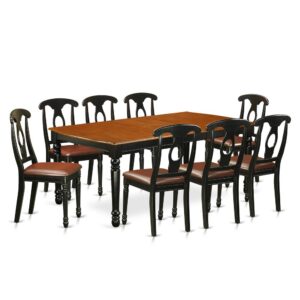 Style is made obtainable with this kitchen table set has 8 chairs with faux leather seats. It is completed with a leveled table top. The dining table can fit a maximum of 8 people in a dining area. The dining set boasts a two-toned Black & Cherry color that comes across as an effective additional color to your dining space given its attractive color on the seats. The table's 4 straight leg support brings a simple and breezy style to any space