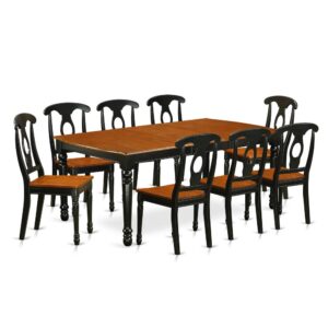 Style is made obtainable with this kitchen table set has 8 chairs with solid wood seats. It is completed with a leveled table top. The dining table can fit a maximum of 8 people in a dining area. The dining set boasts a two-toned Black & Cherry color that comes across as an effective additional color to your dining space given its attractive color on the seats. The table's 4 straight leg support brings a simple and breezy style to any space