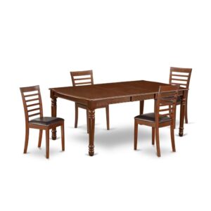 The DOML5-MAH-LC dining set facilitates an affectionate family feeling. A comfortable and classy Mahogany color offers any dining area a relaxing and friendly feel with the rectangular kitchen table. This well-designed and comfortable dining table may be used for hours at a time. This wonderful smooth Mahogany dinette table makes a really good addition for all kitchen space and corresponds all sorts of dining-room concepts. The dinette table is created from prime quality rubber wood known as Asian Hardwood. The traditional style throughout the dinette chair backs give a sense of aesthetic interest to your kitchen area whilst joining together seamlessly vast assortment of decor and decor trends. This amazing Mahogany kitchen chair is appropriate for private household get together and holiday dinners. Kitchen dining chairs are available with faux leather seats to suit taste and desired style. The frame of the dining chairs are engineered to offer a great amount of comfort to your spine and thus reduce the chances of back pain. The durable faux leather seat does not retain moisture