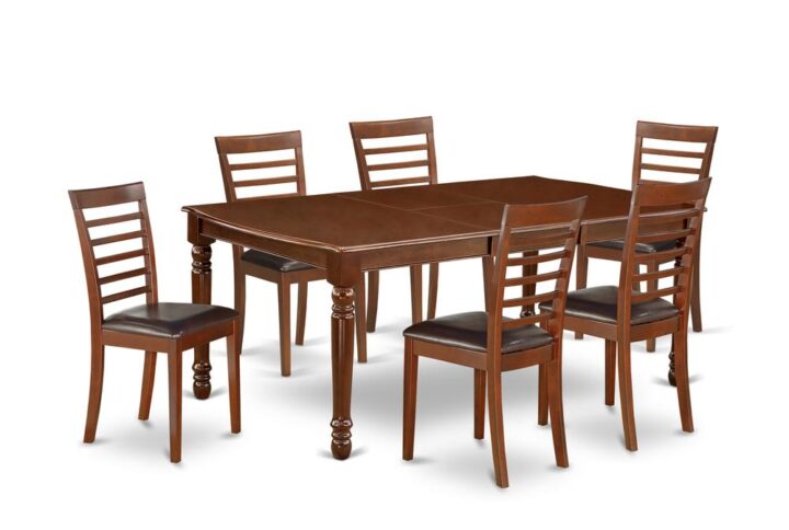 The DOML7-MAH-LC dining set facilitates an affectionate family feeling. A comfortable and classy Mahogany color offers any dining area a relaxing and friendly feel with the rectangular kitchen table. This well-designed and comfortable dining table may be used for hours at a time. This wonderful smooth Mahogany dinette table makes a really good addition for all kitchen space and corresponds all sorts of dining-room concepts. The dinette table is created from prime quality rubber wood known as Asian Hardwood. The traditional style throughout the dinette chair backs give a sense of aesthetic interest to your kitchen area whilst joining together seamlessly vast assortment of decor and decor trends. This amazing Mahogany kitchen chair is appropriate for private household get together and holiday dinners. Kitchen dining chairs are available with faux leather seats to suit taste and desired style. The frame of the dining chairs are engineered to offer a great amount of comfort to your spine and thus reduce the chances of back pain. The durable faux leather seat does not retain moisture
