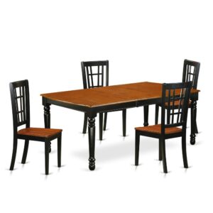 This kitchen table set has 4 chairs with solid wood seats. It is completed with a leveled table top. The dining table can fit a maximum of 8 people in a dining area. The dining set boasts a two-toned Black & Cherry color that comes across as an effective additional color to your dining space given its attractive color on the seats. The table's 4 straight leg support brings a simple and breezy style to any space
