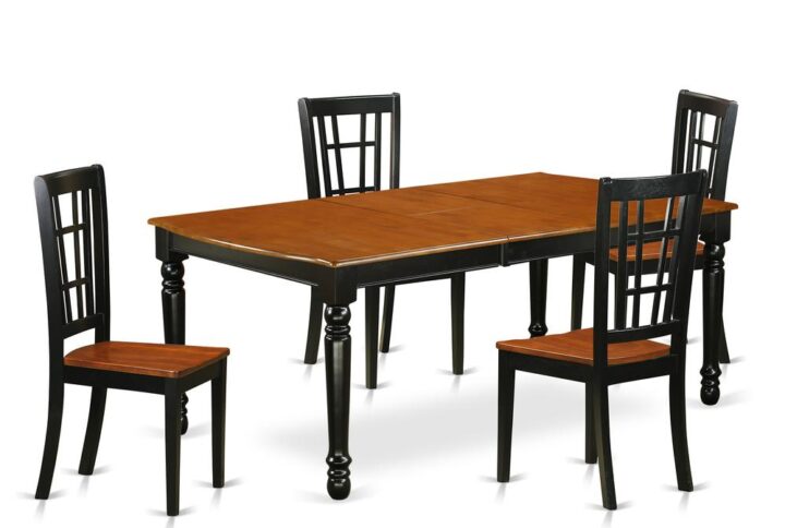 This kitchen table set has 4 chairs with solid wood seats. It is completed with a leveled table top. The dining table can fit a maximum of 8 people in a dining area. The dining set boasts a two-toned Black & Cherry color that comes across as an effective additional color to your dining space given its attractive color on the seats. The table's 4 straight leg support brings a simple and breezy style to any space